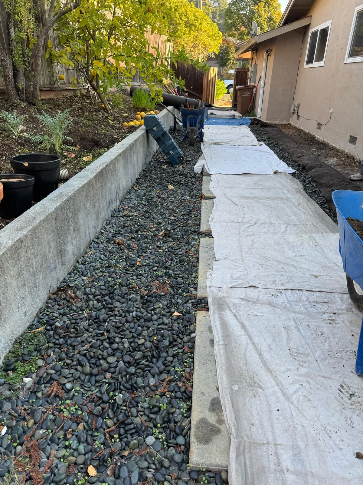 Gravel-filled drainage trench along a residential walkway