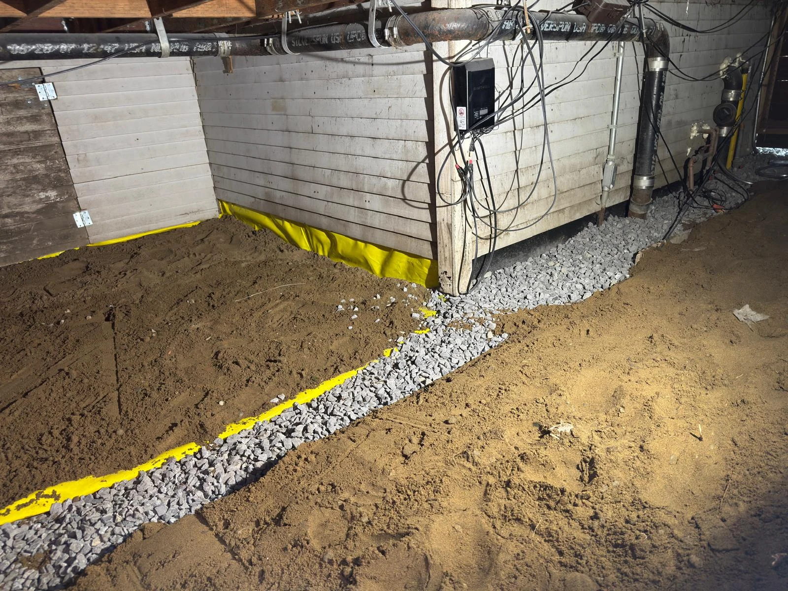 Interior drainage work along a basement wall
